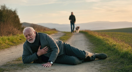 Elderly caucasian man experiencing chest pain on rural pathway with approaching young adult and dogの素材