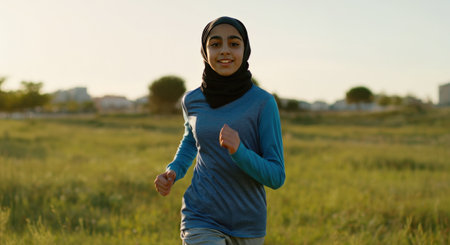 Young middle eastern female jogging in nature at dawn for fitness and wellnessの素材