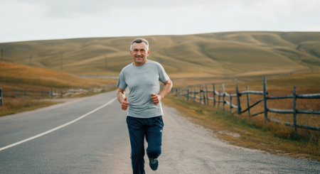 Mature caucasian man jogging on open road amidst rolling hills for fitness and wellnessの素材