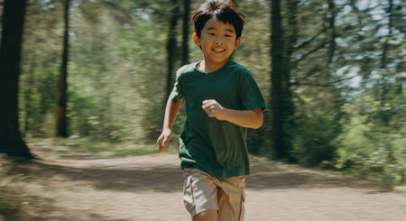 Asian young boy joyfully running on forest trail in summer nature adventureの素材