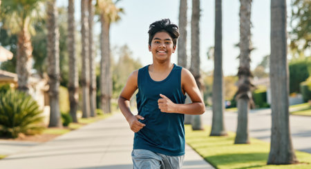 Young hispanic teen running in a palm tree-lined street for fitness and wellnessの素材