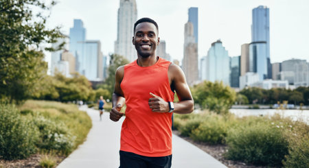 Energetic african male runner enjoying outdoor workout in urban park settingの素材
