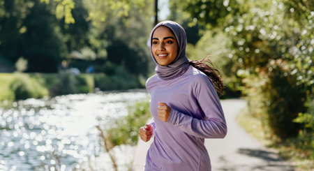 Young muslim woman jogging outdoors in nature, embracing healthy lifestyle and fitnessの素材