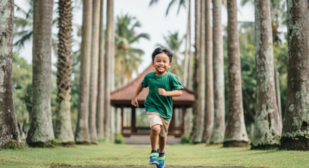Young asian boy running in tropical park amidst tall palm treesの素材