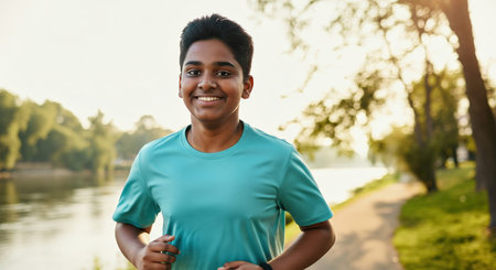 Enthusiastic young asian boy jogging in park at sunrise for fitness and wellbeingの素材