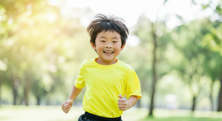 Joyful young asian boy running outdoors in a sunny park setting for health and fitnessの素材