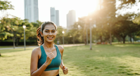 Asian female jogger enjoying morning run in urban park with city skylineの素材