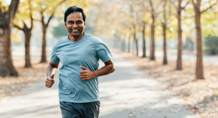 Active lifestyle and autumn fitness: middle-aged indian man jogging in parkの素材