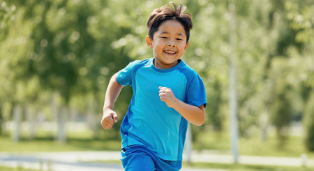 Energetic asian child running outdoors in vibrant summer park sceneの素材