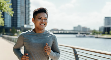 Young asian male jogging along riverfront in urban setting for fitness and recreationの素材