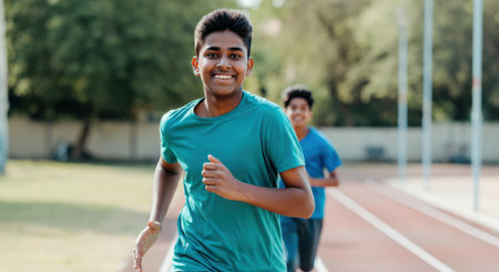Energetic young south asian males running on track in park setting for fitness and friendshipの素材