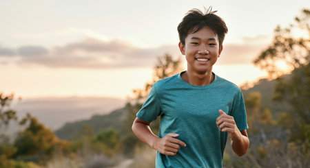 Asian teen boy running outdoors at sunset for fitness and healthの素材