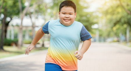 Young asian boy running outdoors in colorful shirt on a sunny dayの素材