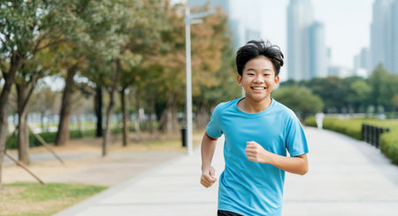 Energetic asian teen running in urban park amidst skyscrapersの素材