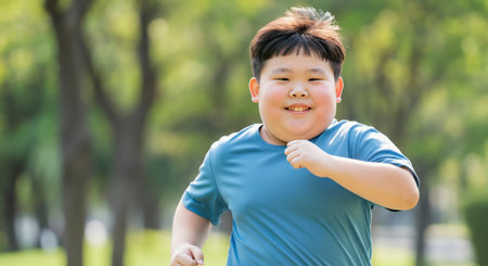 Joyful asian young boy running outdoors in a sunny park setting for healthy lifestyle conceptの素材