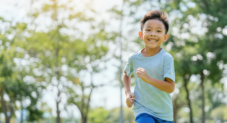 Joyful asian child running outdoors in sunny park under lush green treesの素材