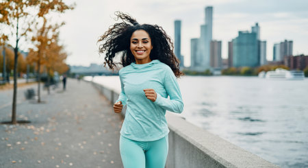African american woman jogging in urban park with city skyline in autumnの素材