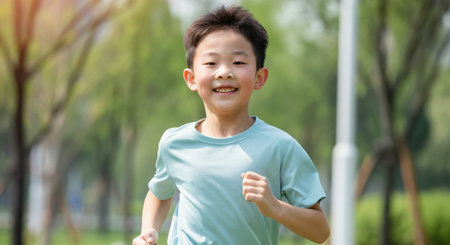 Energetic asian child running outdoors on a sunny day in green park settingの素材