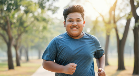 Young hispanic teen enjoying a morning jog in a sunlit park setting for health and wellness inspirationの素材