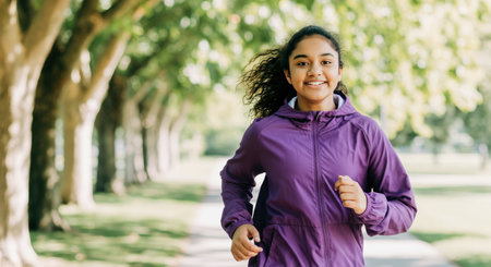 Young african american girl jogging in park on a sunny day for fitness and wellnessの素材
