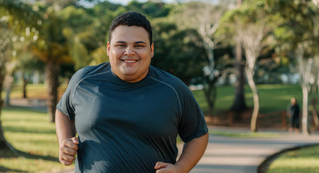 Active lifestyle of young hispanic male jogging in parkの素材