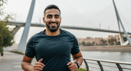 Young middle eastern male jogging by a scenic bridge in urban park settingの素材