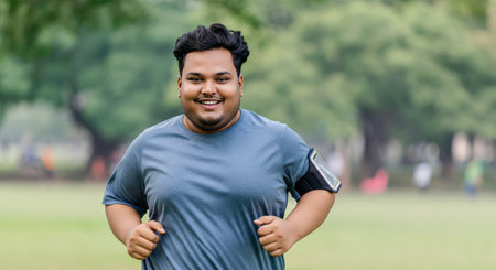 Young adult south asian male jogging outdoors for fitness and wellbeing in a park settingの素材