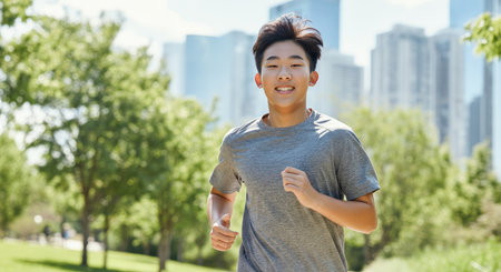 Energetic young asian male jogging in urban park against cityscape backgroundの素材