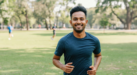 Young asian male jogging in park on sunny day fitness and wellnessの素材