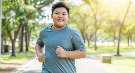 Asian teen boy enjoying a sunny morning jog in a lush green parkの素材