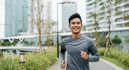 Young asian male jogger enjoying a run in urban park settingの素材
