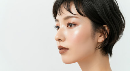 Elegant portrait of young asian woman with short hair and natural makeup in minimalist styleの素材