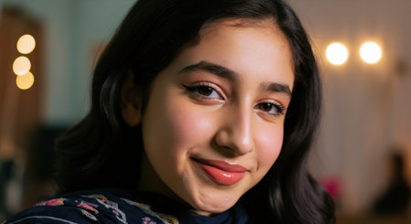 Portrait of a young hispanic female with long hair and warm lightingの素材