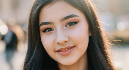 Portrait of a young asian female with long dark hair and winged eyeliner outdoorsの素材