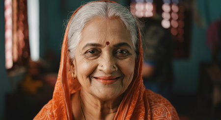 Portrait of an elderly indian woman in traditional sari with warm smile and cultural eleganceの素材