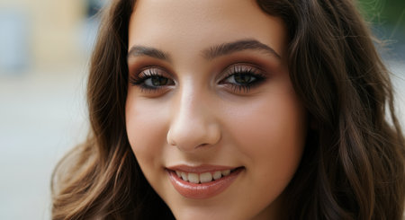 Natural beauty of young caucasian female with long wavy hair and radiant skinの素材