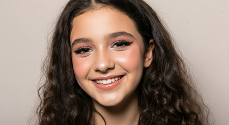 Young caucasian female smiling with curly hair showcasing natural beautyの素材