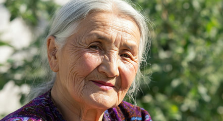 Elderly asian woman smiling in sunlit garden portrait for cultural representation conceptsの素材