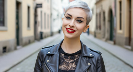 Trendy young caucasian female with short hair and red lipstick in stylish urban street settingの素材