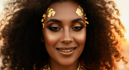 Stunning portrait of african female with gold accents at sunset for beauty and elegance conceptsの素材