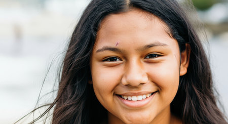 Hispanic teen girl smiling outdoors in casual settingの素材