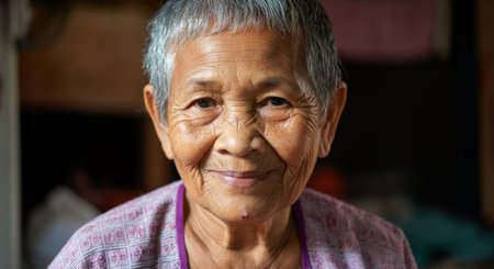 Warm portrait of mature asian woman with serene smile in natural lightingの素材
