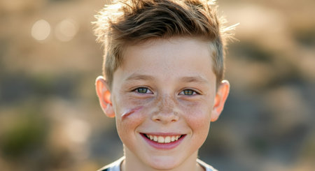 Smiling caucasian young boy with short hair outdoors on a sunny dayの素材