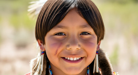 Native american child with traditional attire and beaded earrings in outdoor settingの素材