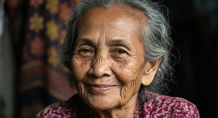 Elderly asian woman smiling, embracing cultural heritage with warmth and wisdom in traditional clothingの素材