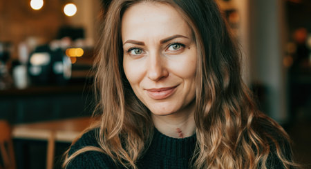 Confident young caucasian female in cozy cafÃ© setting for lifestyle and business themesの素材