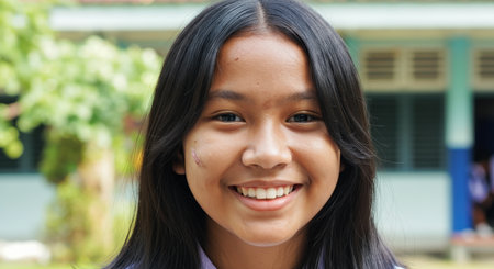 Smiling asian teen girl outdoors at schoolyard on a sunny dayの素材