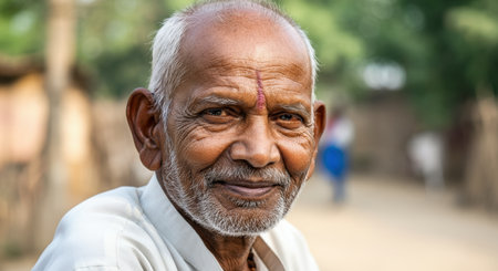 Portrait of a mature indian male smiling outdoors in a rural settingの素材