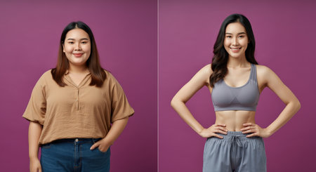 Transformation journey of an asian young woman in casual and fitness attireの素材