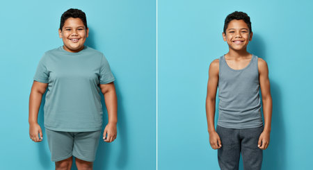Diverse young boys in casual wear expressing joy against blue background for fashion editorialの素材